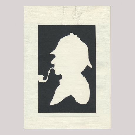 
        Front of silhouette, with man looking left, wearing a deerstalker and smoking a pipe.